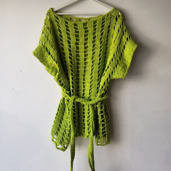 Vintage Lime Green Crochet Knit Coverup Y2K Top - Picture 3 of 3